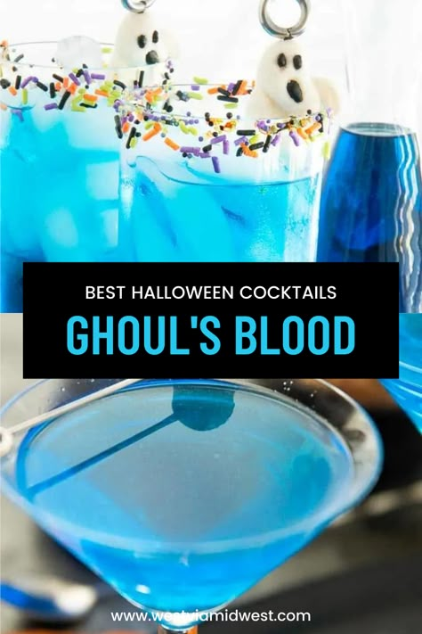 Spooky Fish Bowl Drink, Halloween Cocktails Blue Curacao, Halloween Drinks With Malibu, Blue Curacao Halloween Drinks, Colorful Alcoholic Drinks Recipes, Mixed Drinks For Halloween Party, Halloween Fish Bowl Drink, Halloween Drinks With Blue Curacao, Halloween Themed Adult Drinks