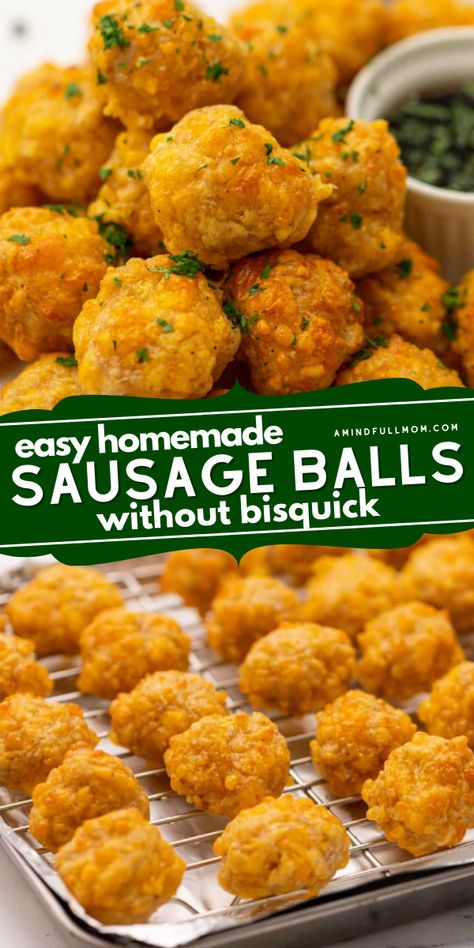 Looking for a delicious football appetizer? These Homemade Sausage Balls Without Bisquick are savory and cheesy! Add these sausage balls to your easy Superbowl recipes or Gameday menu ideas! No Bisquick Sausage Balls, Bisquick Sausage Ball Recipe, Healthy Sausage Balls, Easy Superbowl Recipes, Sausage Balls Recipe Without Bisquick, Homemade Sausage Balls, Sausage Balls Without Bisquick, Easy Sausage Balls, Sausage Ball Recipe