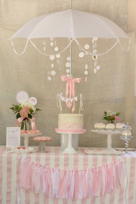 Rain Themed Pink Baby Sprinkle with So Many REALLY CUTE IDEAS via Kara's Party Ideas | The Dessert Table Fiesta Shower, Lilo Und Stitch, Table Rose, Sprinkle Shower, Sprinkle Party, Sprinkle Baby Shower, Shower Inspiration, Baby Shower Inspiration