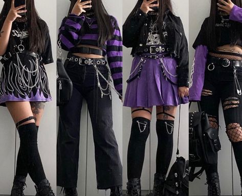 Purple Emo Aesthetic Outfit, Edgy Purple Outfit, Emo Purple Outfit, Purple Goth Aesthetic Outfit, Kuromicore Outfits, Purple Emo Outfits, Kuromi Outfit Inspired, Dark Purple Aesthetic Outfit, Purple Aesthetic Outfit Grunge