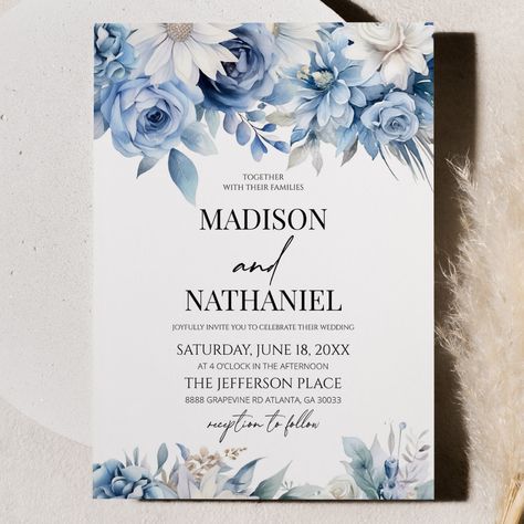 Blue gold wedding invitation