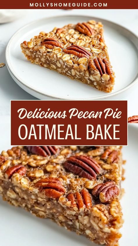 This delicious Pecan Pie Oatmeal Bake is the perfect indulgent yet nutritious breakfast option. The combination of hearty oats, sweet maple syrup, crunchy pecans, and warm cinnamon creates a cozy and satisfying dish that will have everyone coming back for seconds. Whether you are meal prepping for the week or hosting a brunch with friends, this recipe is sure to be a crowd-pleaser. Enjoy the flavors of fall any time of year with this easy-to-make and comforting oatmeal bake. Pecan Pie Baked Oatmeal, Oat Bake Recipes, Pecan Pie Oatmeal, Oatmeal Dessert Recipes, Oatmeal Pie Recipe, Recipes With Oatmeal, Oatmeal Desserts, Baked Oatmeal Recipes Breakfast, Oatmeal Recipes Breakfast