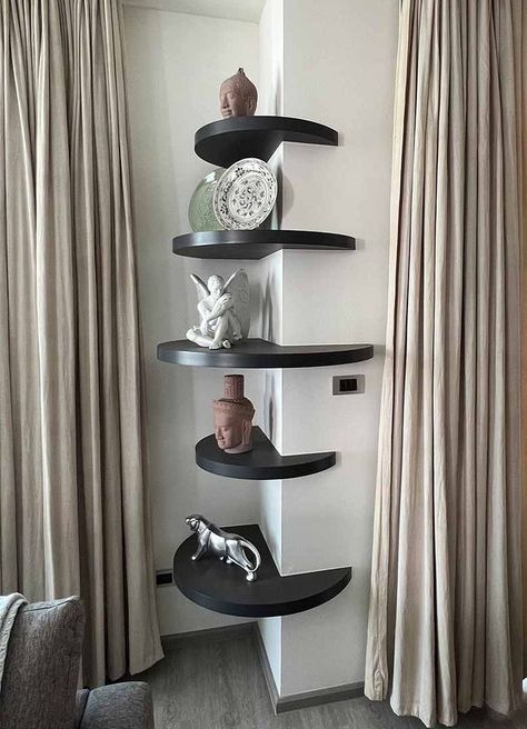 An amazing way to create corner shelve unit in my recent interior design works Sturdy Corner Shelf, Wrap Around Corner Shelves, Cool Corner Shelves, Wall Shelves Corner, Wall Shelf Ideas, Recessed Shelf, Cnc Products, Corner Wall Decor, Corner Shelf Ideas