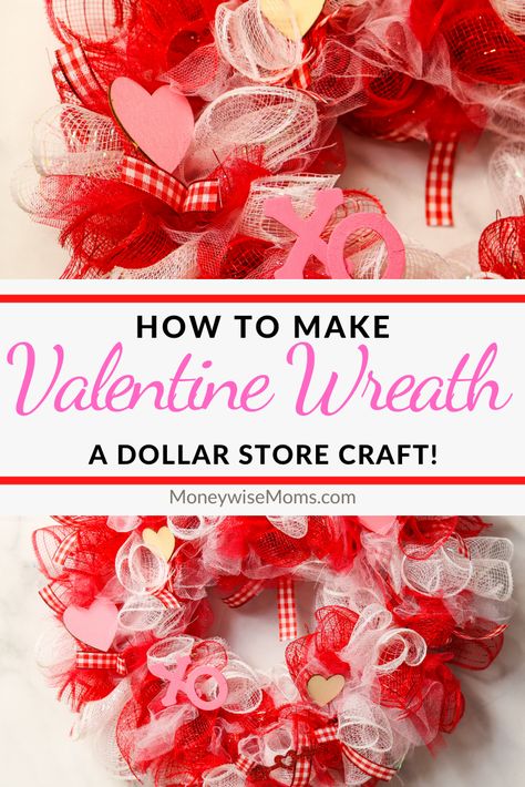 This easy Valentine deco mesh wreath Dollar Tree craft is great for decorating on a budget! Make this gorgeous wreath for yourself or to gift! Diy Heart Shaped Deco Mesh Wreath, Valentine's Day Wreath Diy Dollar Tree, Valentine Mesh Wreaths How To Make, How To Make A Valentine Wreath, Valentines Wreath Ideas Diy, Deco Mesh Valentine Wreaths Diy, Valentine’s Day Wreath Ideas, Dollar Tree Heart Wreath Diy, Valentine’s Day Wreath Diy