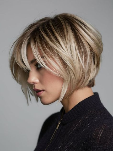 This sleek blunt bob with subtle highlights is the quintessential fall haircut for those seeking a clean, timeless look. The sharp, defined lines of the bob create a polished appearance, while the highlights add depth and dimension. This versatile cut is perfect for anyone who values a refined, classic style for the autumn season. Short Blonde Hairstyles For Thick Hair, Long Bob With Bangs Blonde, Bob With Bangs Fine Hair, Short Thick Hair, 2024 Haircut, Fall Haircut, Blond Highlights, Blonde Balayage Bob, Fine Thick Hair