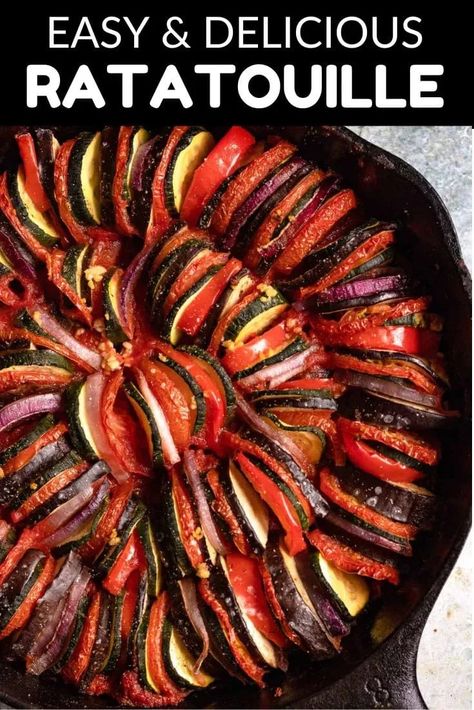 This Easy Ratatouille Recipe is made with fresh vegetables layered in a pattern and then baked. It is a straightforward recipe with gorgeous presentation, and is also vegetarian and vegan! Try this recipe if you want to experience true French cuisine. #ratatouillerecipe #ratatouille #vegetariandish #vegansidedish Baked Ratatouille Recipe, Easy Ratatouille Recipe, Baked Ratatouille, Easy Ratatouille, Easy Ratatouille Recipes, Vegetable Slice, Ratatouille Recipe, French Recipes, Vegan Side Dishes