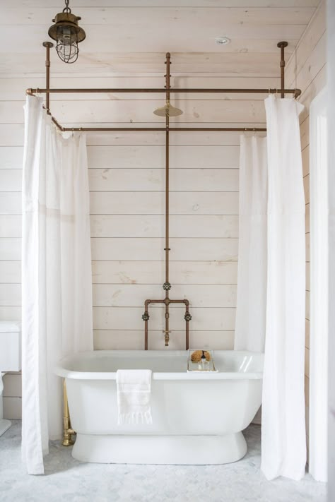 An antique soaking tub is ringed by custom linen shower curtains hanging from a brass-pipes shower curtain hoop designed by Anthony. Clawfoot Tub Shower, Diy Shower Curtain, Vintage Tub, Bad Inspiration, Diy Shower, Curtain Ideas, Upstairs Bathrooms, Bathroom Redo, Tub Shower Combo