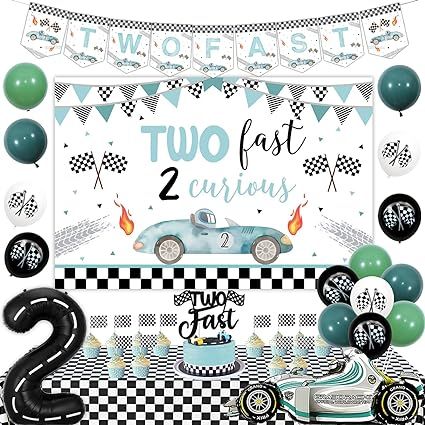 Two Fast 2 Curious Decoration for Boys Girls, Vintage Two Fast Birthday Decorations Backdrop Cake Cupcake Topper Checkered Tablecloths Racing Car Number 1 Foil Balloon for 2 Year Old Birthday Fast Birthday Decorations, Two Fast 2 Curious, Balloon Helium, Two Fast Birthday, Car Themed Parties, Car Birthday Theme, Checkered Tablecloth, Torte Cupcake, Race Car Party