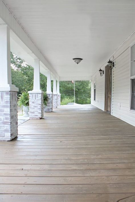 Porch Transformation, White Wash Stain, Entryway Door, Sunroom Addition, Gallon Of Paint, Porch Posts, Oil Based Stain, Porch Flooring, Diy Porch