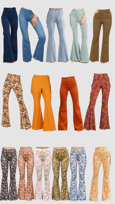 70s flare pants 1970s Fashion Bell Bottoms, 70s Flare Pants, Bellbottoms 70s, Bathing Suit Ideas, 70s Pants, Life Size Cutouts, 70s Inspired Fashion, Suit Ideas, Flowy Pants