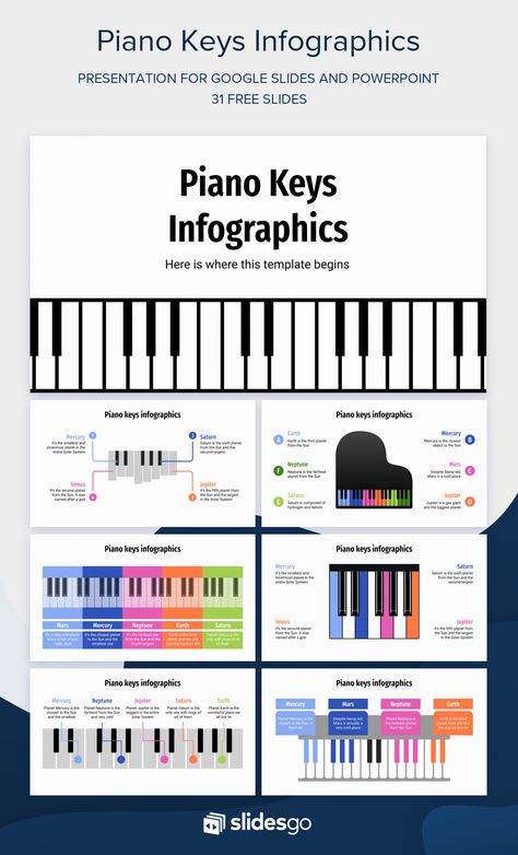 Multipurpose infographic template based on piano keys. Edit it with Google Slides and PowerPoint. Piano Infographic, Process Chart, Infographic Template, Piano Teaching, Piano Keys, Google Slides Themes, Teaching Music, Piano Lessons, Social Media Design Graphics