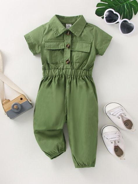 Army Green Casual Collar Short Sleeve Cotton Plain Shirt Embellished Non-Stretch  Baby Clothing Shirt Jumpsuit, Kid Closet, Baby Jumpsuit, Plain Shirt, Plain Shirts, Jumpsuit Fashion, Button Front Shirt, Baby Clothing, Sleeve Cotton