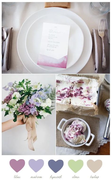 Color Palette: Lilac + Hyacinth - The Sweetest Occasion Wedding Color Palette Lilac, Summer Wedding Palette, Lilac Color Palette, Lilac Palette, Rustic Color Palette, Rustic Color Palettes, Purple Color Palettes, Wedding Palette, Rustic Colors