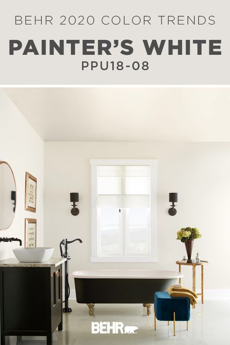 Part of the BEHR® 2020 Color Trends Palette, BEHR® Paint in Painters White is a soft and composed gray-white, creating an elegant expression. When paired with dark black furniture and chic gold accents, this neutral hue creates a classical upscale style. Click below for full color details to learn more. White Behr Paint Colors, Behr Painters White, White Behr Paint, Off White Paint Colors, White Bathroom Paint, Behr Colors, Behr Paint Colors, Behr Paint, White Paint Colors