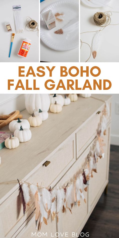 DIY fall feather garland decor. Front Entryway Table, Indoor Fall Decorations, Diy Fall Garland, Indoor Fall Decor, Feather Garland, Fall Garland, Fall Decor Ideas, Boho Fall, Boho Diy