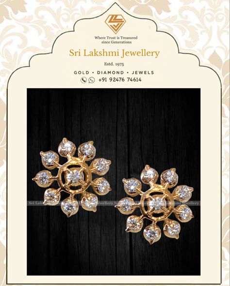 Indian Diamond Earrings Studs, Daily Use Diamond Earrings, Close Setting Diamond Studs, Daily Wear Studs Gold Indian, Gold Tops Designs For Daily Use, Ear Tops Gold Indian Daily Wear, Closed Setting Diamond Earrings, Diamond Earrings Indian Daily Wear, Close Setting Diamond Jewellery