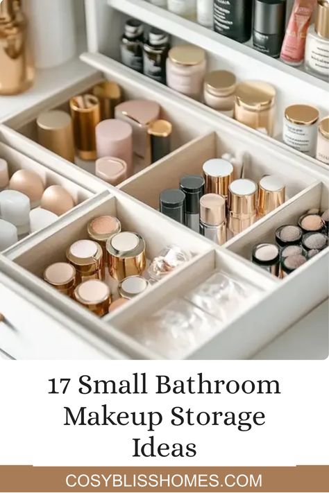 Is your small bathroom cluttered with makeup? Say goodbye to chaos with these 17 genius makeup storage hacks! From innovative organizers to clever space-saving tricks, we’re sharing inspiring ideas that will help you efficiently store your beauty essentials. Imagine a serene, tidy bathroom where everything has its place! Transform your everyday routine and enjoy stress-free makeup sessions by maximizing your limited space. Get inspired to stylishly declutter and create a space that feels fresh and organized. Say hello to easier mornings! Small Bathroom Makeup Organization, Cosmetic Storage Ideas Small Spaces, How To Store Makeup, Bathroom Organization Tips, Small Bathroom Makeup Storage, Toiletries Storage Ideas, Makeup Storage For Bathroom, Makeup Organization Under Sink, Bathroom Makeup Organization