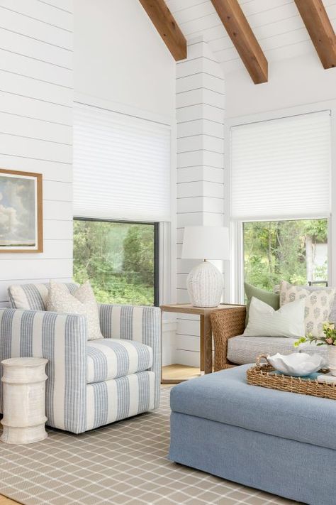 Bria Hammel Interiors, Bria Hammel, Cabin Living Room, Honeycomb Shades, Coastal Interiors Design, Ozark Trail, Cabin Living, Contemporary Cottage, Hunter Douglas