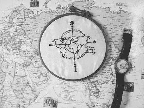 Embroidery Combination of world map and magnetic compass on fabric. 🌍 Compass Embroidery, Magnetic Compass, Embroidery And Stitching, Compass, World Map, Magnets, Stitching, Map, Embroidery