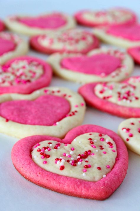 Easy Valentine's Day Sugar Cookies | Practically Homemade Valentine Cookie Recipes, Cookie Recipes Easy, Valentines Day Sugar Cookies, Valentines Recipes Desserts, Cream Cheese Sugar Cookies, Valentine Cookie, Perfect Sugar Cookies, Valentine Sugar Cookies, Valentines Baking