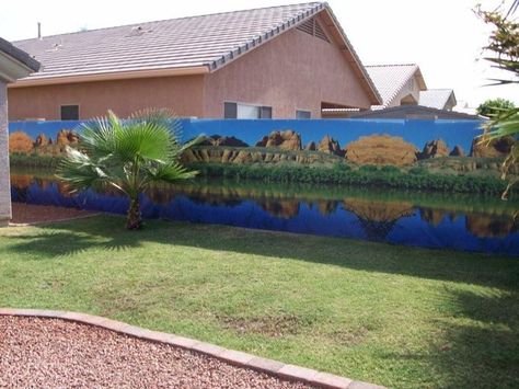 Back Yard Cinder Block Wall Mural | Wall Sensations murals want to beautify your Phoenix backyard block ... Mural Art Interior, Phoenix Backyard, Desert Backyard, Exterior Murals, Cinder Block Walls, Colorful Patio, Cinder Blocks, Photos Wall, Cheap Fence