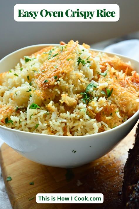 This amazing oven baked rice recipe side dish has been in our family for generations. With its crispy edges, golden top and fluffy interior it is the best rice I know of! #bakedricesidedishrecipes #bakedricerecipes #ovenbakedricerecipes Oven Baked Rice Pilaf, Baked Crispy Rice, Bobby Flay Crispy Rice Recipe, Crispy Rice Recipes, Oven Baked Rice Recipes, Baked Rice Recipes Oven, Oven Rice Recipe, Baked Rice Recipes, Rice A Roni Recipes