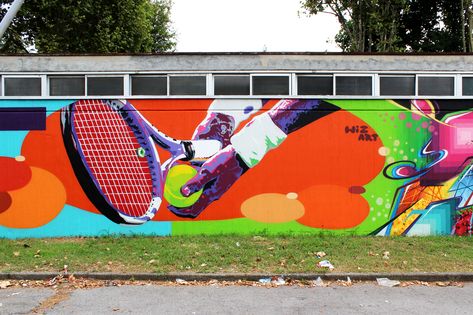 Sports Mural Street Art, Sports Graffiti Street Art, Sports Graffiti Wall, Sports Art Design, Sport Graffiti, Sports Graffiti, Tennis Wall Art, Sports Mural, Tennis Art Painting