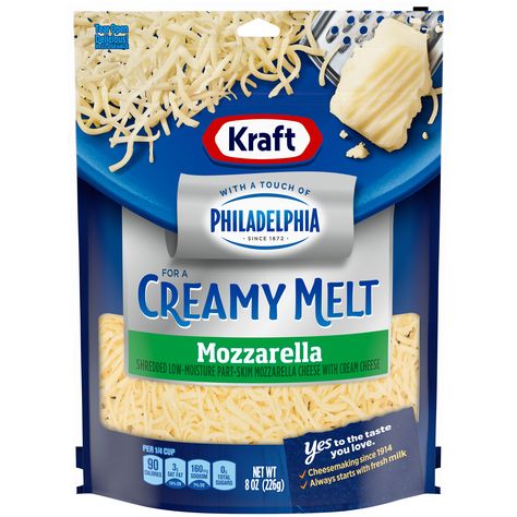 Kraft Mozzarella Shredded Cheese with a Touch of Philadelphia for a Creamy Melt, 8 oz Bag - Walmart.com Kraft Cheese, Kraft Foods, Natural Cheese, Philadelphia Cream Cheese, Kraft Recipes, Meal Suggestions, Fresh Milk, Cheese Eggs, Shredded Mozzarella