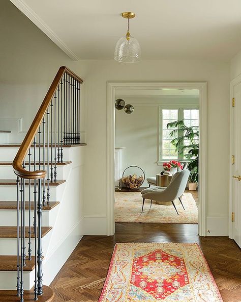 Ben Moore French canvas Leaded Glass Cabinets, Jessica Helgerson, Handblown Glass Pendant, Herringbone Wood Floor, 1920s House, Entry Way, Transitional Decor, Floor Patterns, Herringbone Pattern