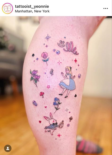 Doodle Tattoo Ideas, Alice In Wonderland Tattoos, Tatuaje Studio Ghibli, Pastel Tattoo, Sparkle Tattoo, Purple Tattoos, Small Doodle, Back Piece Tattoo, Wonderland Tattoo