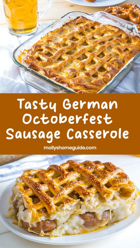 Discover the delicious flavors of German cuisine with this hearty Octoberfest sausage casserole recipe! Packed with savory sausages, tender potatoes, and fragrant herbs, this dish is perfect for a cozy family dinner or a festive gathering. Easy to make and full of comforting ingredients, this casserole is sure to become a favorite in your meal rotation. Enjoy the rich aromas and robust taste of German cooking with every bite of this flavorful dish. Popular German Dishes, German Food Recipes Authentic, Easy German Recipes, Sausage Casserole Recipes, Sausage Recipes For Dinner, German Food Authentic, Sausage Dinner, Food Authentic, German Dishes