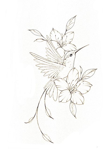 Big Hummingbird Tattoo, Hummingbird Flower Tattoo Design, Hummingbird Tattoo Forearm, Hummingbird Tattoo Fine Line, Bird And Flower Drawing, Floral Hummingbird Tattoo, Hummingbird Outline Tattoo, Floral Bird Tattoo, Hummingbird Tattoo With Flowers