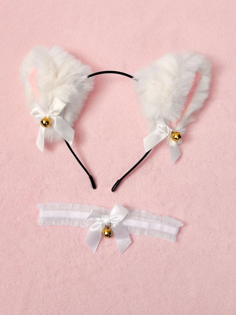 ROMWE Kawaii Cartoon Ear & Bow Decor Costume Headband & Choker | SHEIN USA Cartoon Ears, Kawaii Cartoon, Bow Decor, Bobby Pins, Choker, Hair Accessories, Hats, Free Shipping, White