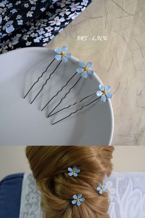 Forget me not blue flower hair pins and hair fork with single flower for each pin. Flowers are handmade using silver plated wire, metal beads, paints, resin. Silver Blue Wedding, Decorative Hair Pins, Bridesmaid Hair Pins, Wedding Bridal Hair, Bridal Hair Accessory, Groom Accessories, Hair Fork, Blue Bridal, Wedding Hair Pins