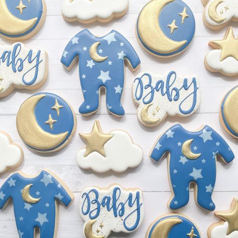 Over The Moon Decorated Cookies, Love You To The Moon And Back Cookies, Over The Moon Cookies Decorated, Over The Moon Baby Shower Cookies, Moon Cookies Decorated, Over The Moon Cookies, Star Cookies Decorated, Baby Boy Cookies, Sprinkle Ideas