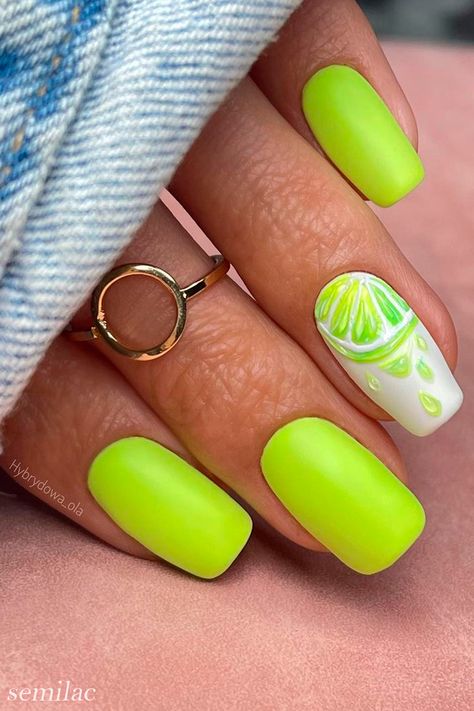 Short Lime Green Neon Nails with Fruit Nail Art Check more at https://mangadexx.com/short-lime-green-neon-nails-with-fruit-nail-art/ Nails With Fruit, Green Neon Nails, Lime Nails, Theme Nails, Lime Green Nails, Trendy Summer Nails, Fruit Nail Designs, Lime Fruit, Classy Nail Art Ideas