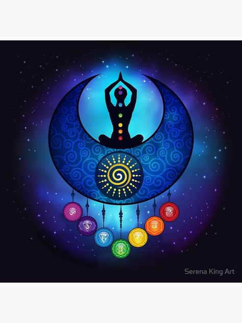 "7 Chakra Female Moon & Sun - 59 Universe" Poster by serenaking | Redbubble 7 Chakras Art Spiritual, Chakra Painting, Art Chakra, Chakra Chart, Chakra Symbols, Chakra Art, Moon And Sun, Seven Chakras, Meditation Art