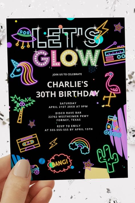 🏷️$1.98 📢Before Discount - 🎁 Let's Glow Millennial Retro Neon Pink Birthday Invitation 🥳🎉🥂🎁🔥 retro, 90s, funky memphis, neon, cassette tape, y2k arcade laser glow, millennial, 30th birthday, birthday invitations, modern Y2k Arcade, Neon Birthday Invitations, Neon Birthday, Retro Neon, Pink Birthday, Cassette Tape, Retro 90s, 30th Birthday, Neon Pink