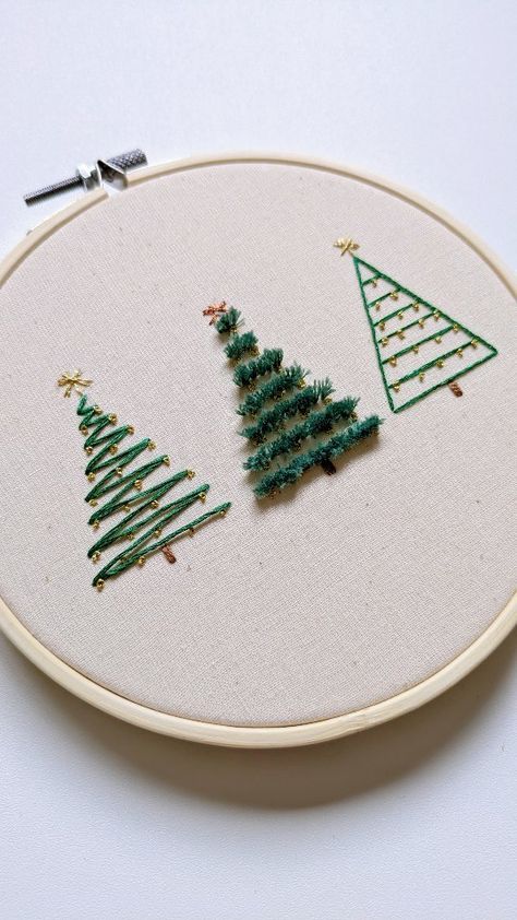 Hayley - Embroidery Artist | Here are three ways you can stitch a Christmas tree 🎄 1) Zig zag tree in Backstitch 2) Turkey Stitch tree, all the fluff! 3) Sparkly... | Instagram Embroidery Tree Pattern, Family Tree Embroidery Pattern, Christmas Tree Embroidery Patterns, Christmas Tree Hand Embroidery, Embroidery Patterns Christmas, Turkey Stitch, Easy Embroidery Designs, Family Tree Embroidery, Embroidery Christmas Tree