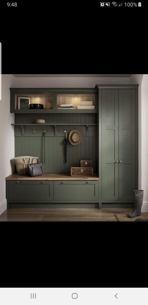 Mudroom Layout, Green Mudroom, French Country Estate, Black Counters, Elegant Interior Design, Mudroom Design, Window Benches, Modern Hardware, White Oak Wood