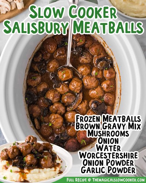 Frozen meatballs are turned into Salisbury steak meatballs using a couple of brown gravy mix packets, sliced mushrooms, Worcestershire sauce, garlic powder, and onion powder. This recipe is absolutely delicious and is a must-try for your dinner tonight. - The Magical Slow Cooker Frozen Turkey Meatball Recipes, Meatball Crockpot, Salisbury Meatballs, Hamburger Casseroles, Casseroles Recipes, Crockpot Meatballs, Summer Lunches, Meatball Recipes Crockpot, Salisbury Steak Meatballs