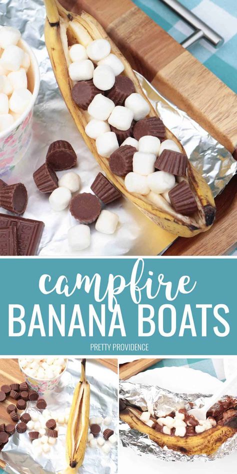 Walking Snacks, Grilled Banana Boats, Campfire Banana Boats, Banana Smores, Campfire Bananas, Banana Boats, Baked Recipe, Campfire Desserts, Camping Desserts