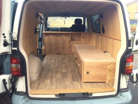 Camper Campervan VW T5 Oak Interior Adventure Explore Conversion XXI - James Archer Furniture T4 Camper Interior Ideas, Vw T5 Interior, Vw Transporter Campervan, Vw Transporter Camper, Vw Camper Conversions, Kangoo Camper, Minivan Camper Conversion, Campervan Bed, Volkswagen T5