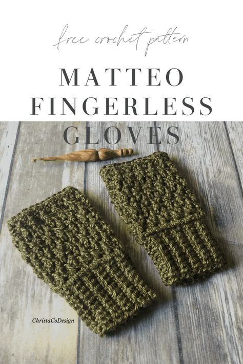 picture of pin image with text free crochet pattern Matteo fingerless gloves Crochet Fingerless Gloves Free Pattern, Crochet Hand Warmers, Crochet Mitts, Crochet Wrist Warmers, One Skein Crochet, Fingerless Gloves Crochet Pattern, Glove Pattern, Crochet Gloves Pattern, Gloves Pattern