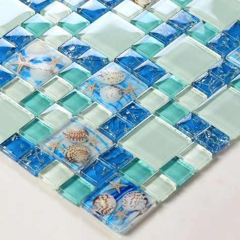 image Sea Glass Tile, Blue Glass Tile, Tile Backsplash Bathroom, Blue Bathroom Tile, Room Wall Colors, Shell Mosaic, Mosaic Wall Tiles, Bathroom Shower Tile, Beach House Style