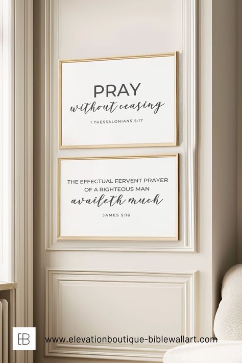 There is a minimalist bedroom with neutral colors and two prayer scripture prints. They create a payer wall or prayer corner. These prints can also be displayed in a prayer closet. One says Pray without Ceasing 1 Thessalonians 5:17. The second says The effectual fervent prayer of a righteous man availeth much. James 5:16. They have white backgrounds and gray text. They are minimalist Christian decor. Bedroom Prayer Corner, Praying Room Christian, Prayer Room Aesthetic, Prayer Closet Ideas Decor, Prayer Room Ideas Christian, Prayer Room Christian, Prayer Wall Ideas Home, Small Prayer Room, Prayer Closet Ideas Spaces