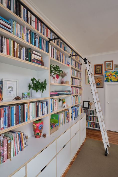 A library ladder. You know you want it. Plywood Library, Full Wall Shelving, Plywood Bookcase, Painting Plywood, Small Bedroom Office, Bookshelf Ladder, Book Shelving, Nest Decor, Floor To Ceiling Bookshelves