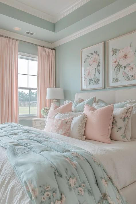 Soft Pastel Haven Mid Century Modern Boho Bedroom Colorful, Aqua And Blush Bedroom, Colourful Interior Design Bedroom, Cute Bedroom Paint Colors, Powder Blue Room Bedrooms, Cream And Mint Bedroom, Mint And Peach Bedroom, Monochromatic Room Ideas, Pastel Colors For Room