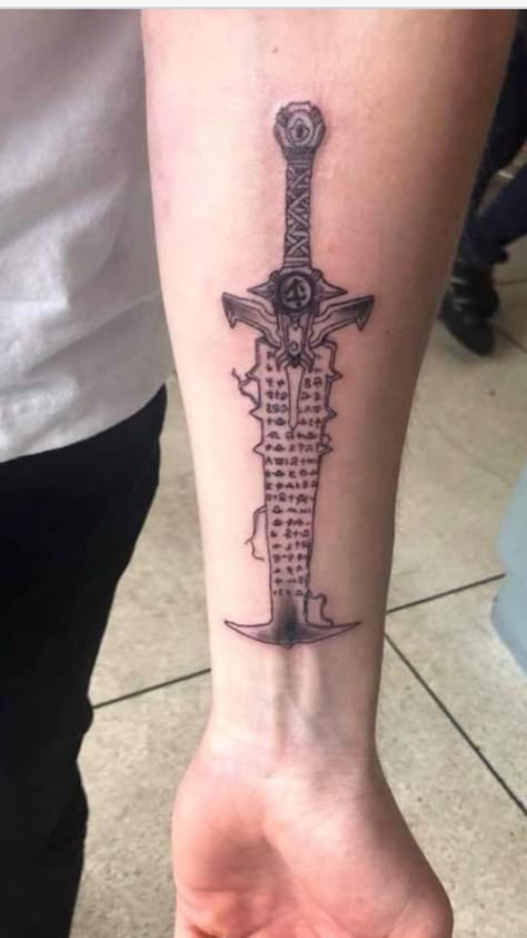 Doom Slayer Tattoo, Doom Eternal Tattoo, Doom Tattoo Ideas, Doom Crucible, Doom Tattoo, Slayer Tattoo, Blade Tattoo, Doom Game, Nerd Tattoo