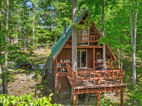 1989 Kentucky A-Frame Cabin For Sale in Daniel Boone National Forest $87K Vintage Log Cabin, Outdoor Recreational Activities, Tennessee Cabins, Daniel Boone National Forest, Log Cabins For Sale, Exposed Rafters, Rocking Chair Porch, Red River Gorge, Daniel Boone